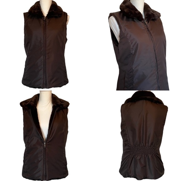 Liz Claiborne Chocolate Brown Reversible Zip-Up Faux Fur Women’s Vest Medium - Picture 4 of 14